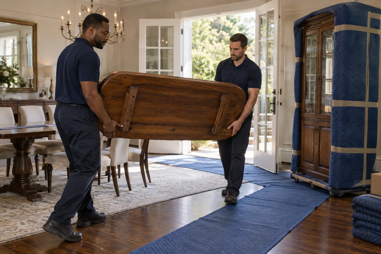 Movers carrying a dining tabletop along a protected floor path